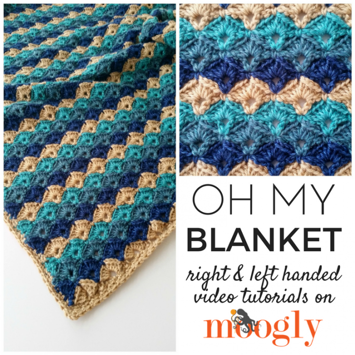The Oh My Blanket was designed by Tamara Kelly of Moogly. This beautiful jewel-toned Aran Weight Yarn blanket pattern was crocheted with a 6.5 mm (K) crochet hook and is available in 5 sizes. The free crochet blanket pattern includes the stitch multiple so you can make your blanket to any size. Watch the video tutorial here.