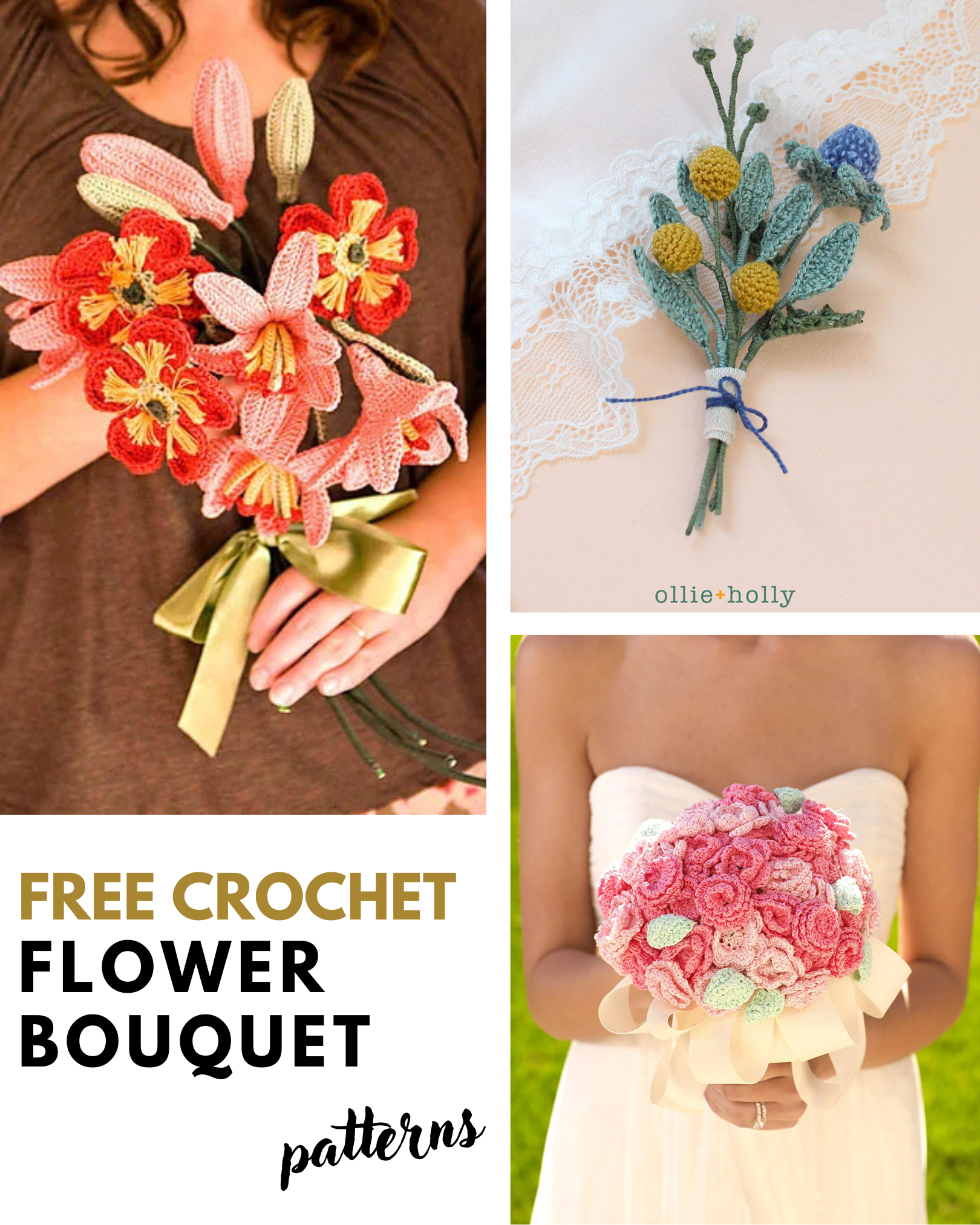 Crochet a beautiful flower bouquet with free patterns for roses, lilies, daisies, lavender and more. Includes stems, fillers, and greenery. Great for gifts, weddings, and home décor. Save it for later! #crochettutorial #freecrochettutorial #crochetpattern #crochetflowers #crochetideas #crochetproject