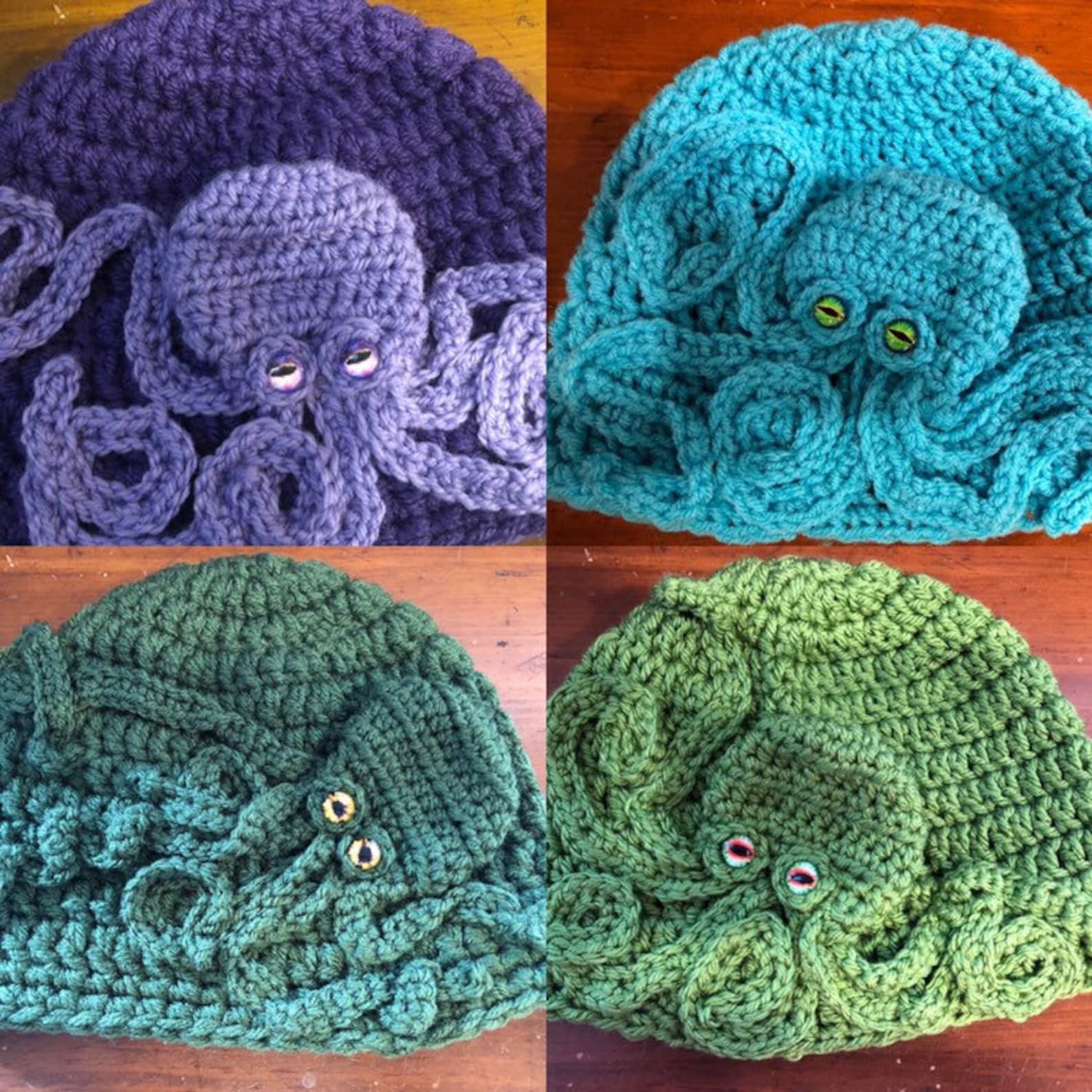 A premium octopus hat crochet pattern using worsted weight yarn and two hook sizes for a bold tentacled design.