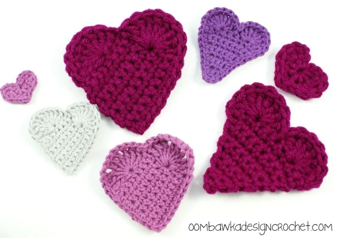 Crochet Hearts from a square, a triangle or a circle. Free patterns with tutorials.