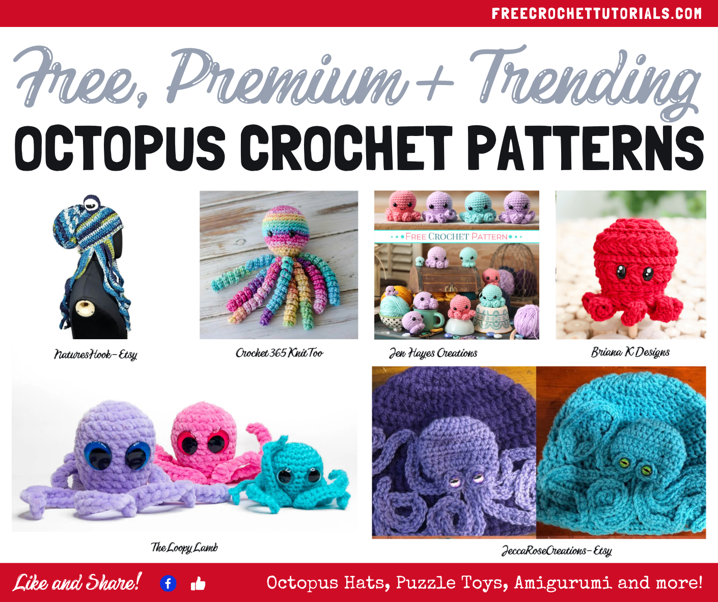 A collage featuring several crocheted octopus projects including hats, plush toys, and small amigurumi designs in different colors and styles.