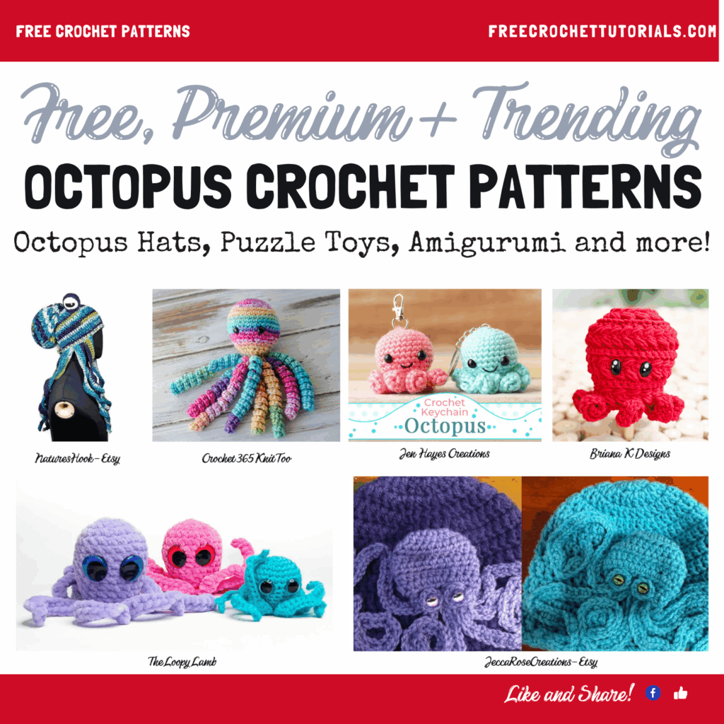 Multiple octopus crochet projects arranged in a single image, showing hats, toys, and trending patterns in different colors and textures.