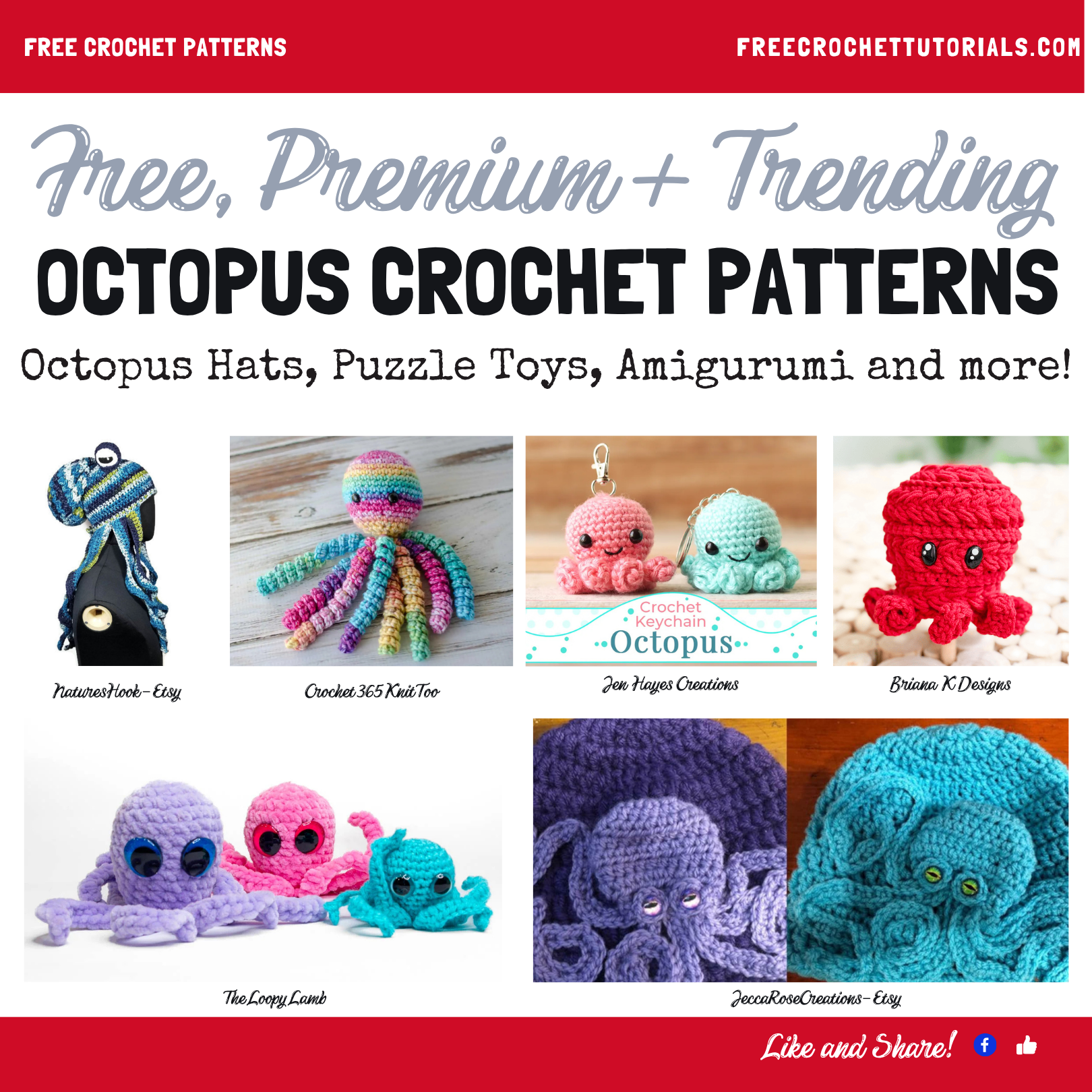 Multiple octopus crochet projects arranged in a single image, showing hats, toys, and trending patterns in different colors and textures.