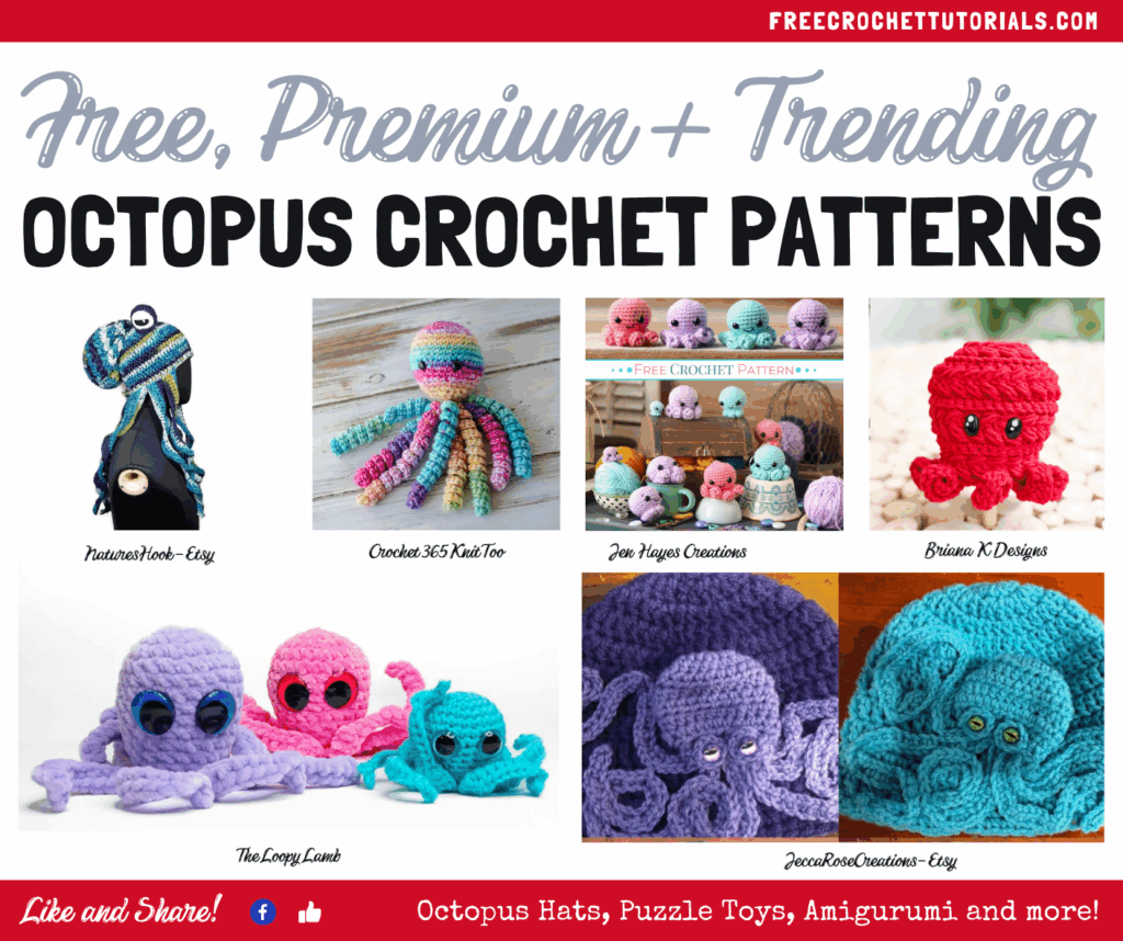 A collage featuring several crocheted octopus projects including hats, plush toys, and small amigurumi designs in different colors and styles.
